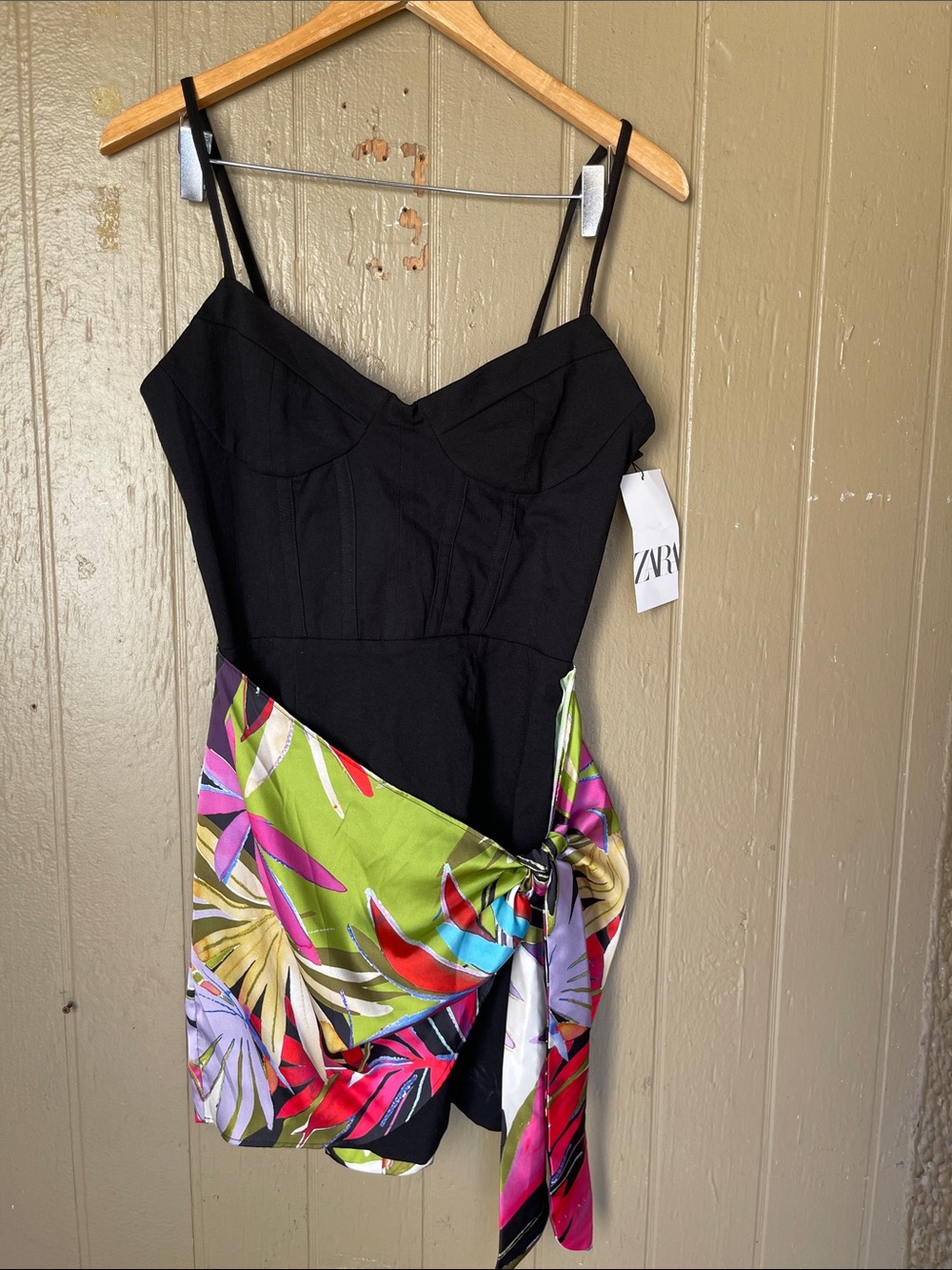 Zara Mixed Black Mini Dress with Multicolor Tropical Pareo Size L